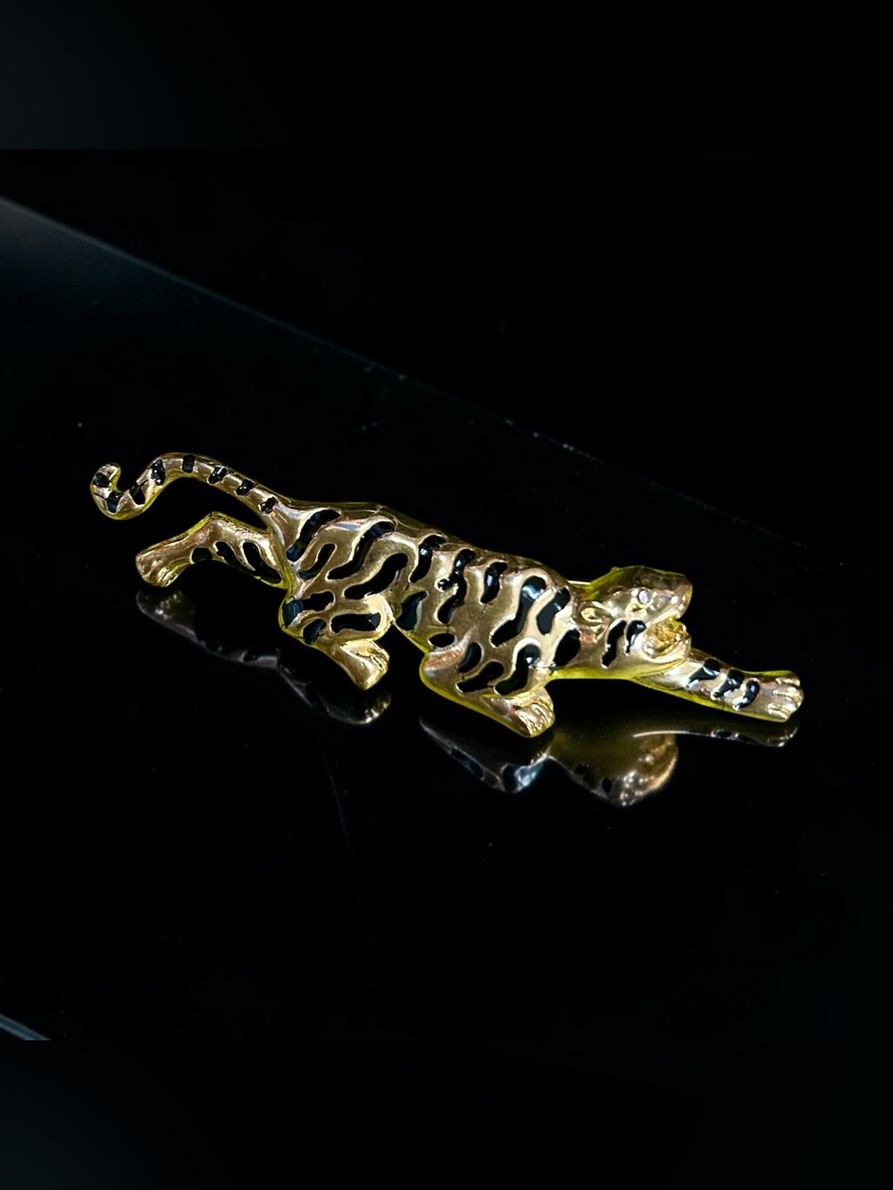 Vintage Tiger Brooch Black and Gold